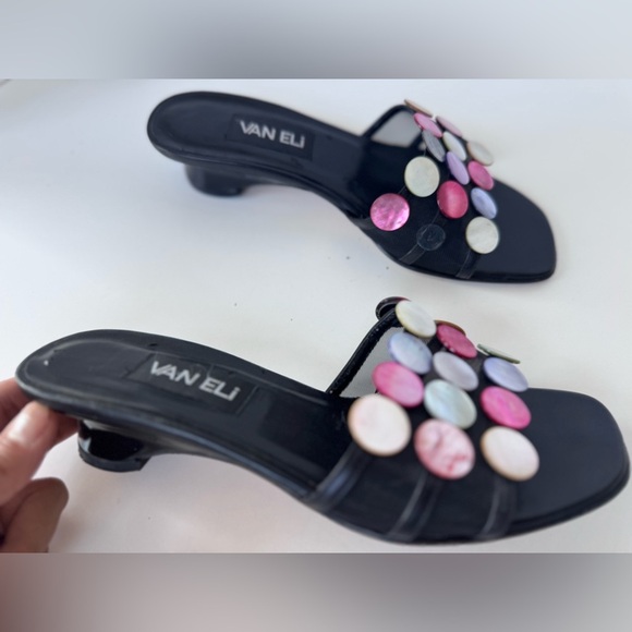 Vintage 90s Y2K VANELI Sequin Shell Slip On Wedge Sandals Shoes Size 7.5 *FLAWS - Picture 2 of 10